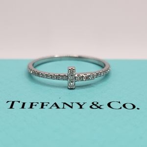 Tiffany & Co. 18k White Gold Diamond T Wire Eternity Band Ring and box